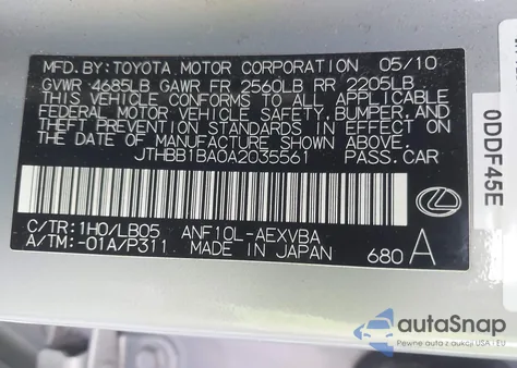2010 Lexus Hs 250H from USA, damaged, VIN JTHBB1BA0A2035561